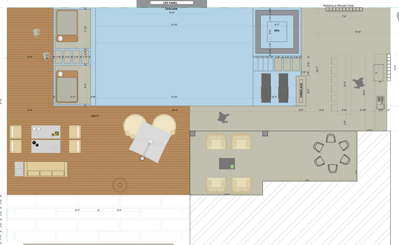 Design plan showing the pool, spa, floating beds, sunshelf, decks and pergola kitchen behind the house