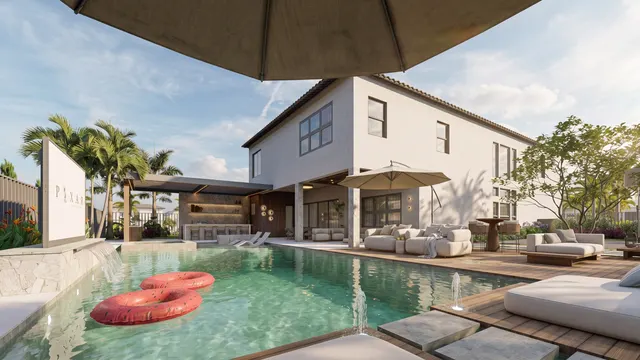 Render of the Arrivabene backyard, view 01 (pool and house)
