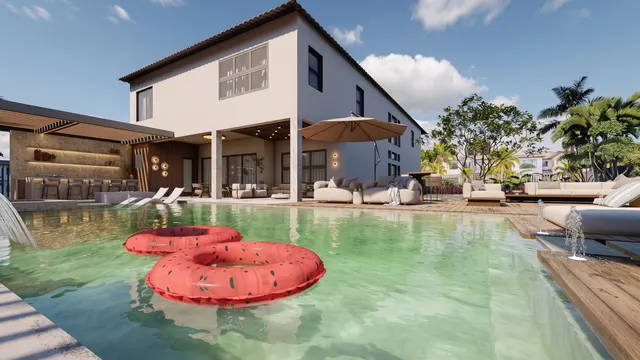 Render of the Arrivabene backyard, view 02 (pool at water level)