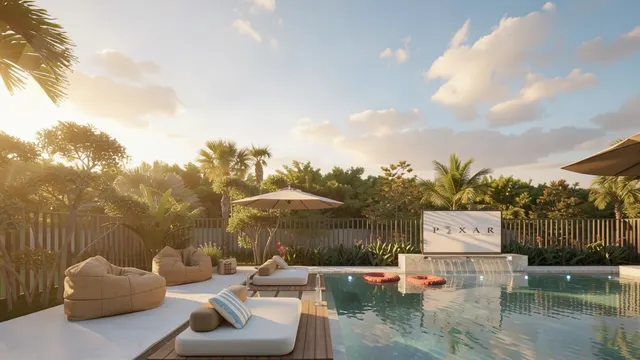 Render of the Arrivabene backyard, view 05 (cascade wall at sunset)