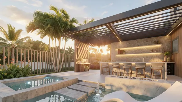 Render of the Arrivabene backyard, view 08 (pergola kitchen at sunset)