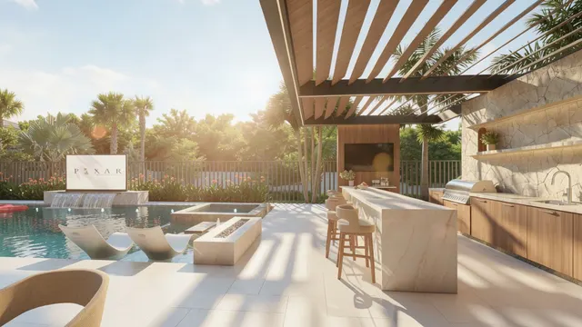 Render of the Arrivabene backyard, view 09 (kitchen from the pool)