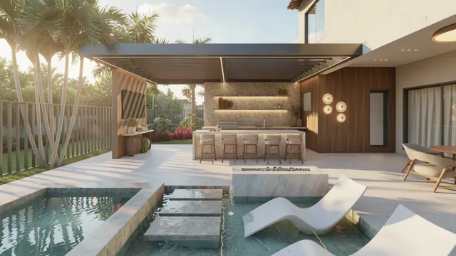 Render of the Arrivabene backyard, view 12 (pergola and sunshelf)