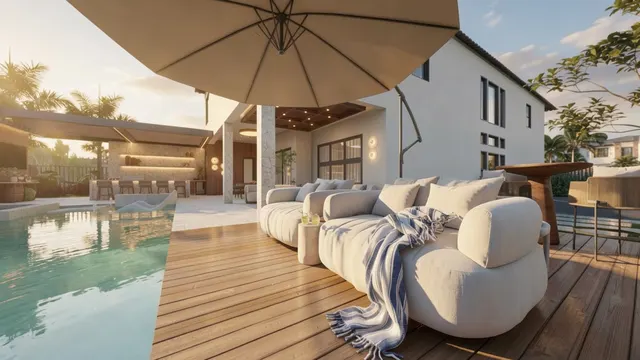 Render of the Arrivabene backyard, view 15 (poolside sofa)